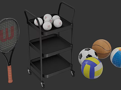 Black Three Tier Sports Equipment Cart With Tennis Balls Basketball And Volleyball 3d model