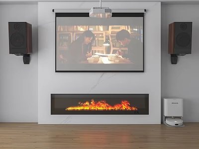 Projection Monitoring System In Modern Living Room Interior With Screen Speakers And Fireplace 3d model
