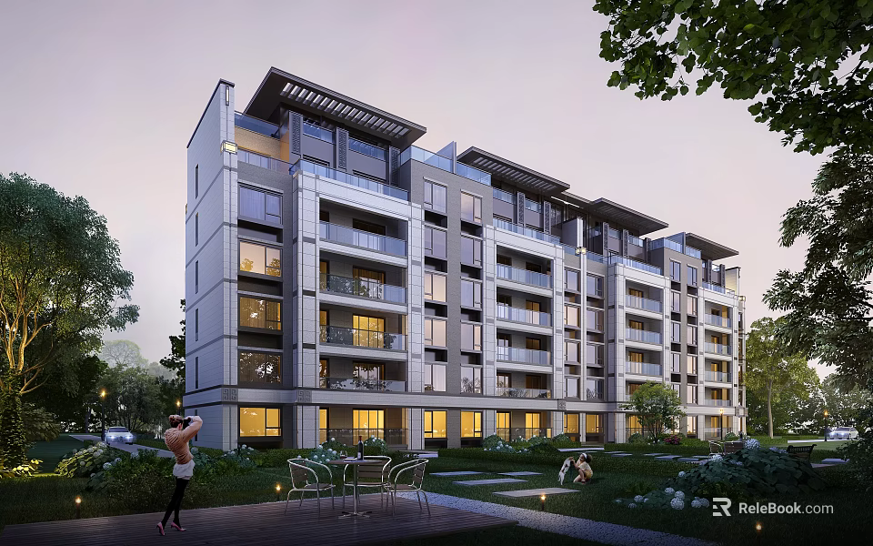 Modern Multi Storey Residential Building With Balconies Greenery And Outdoor Seating Area 3d model 
