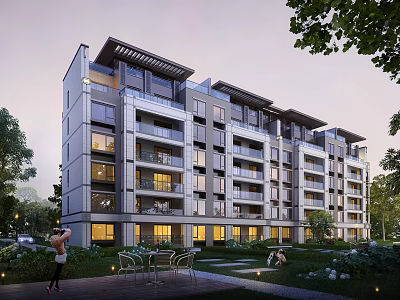 Modern Multi Storey Residential Building With Balconies Greenery And Outdoor Seating Area 3d model