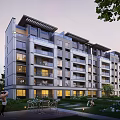 Modern Multi Storey Residential Building With Balconies Greenery And Outdoor Seating Area