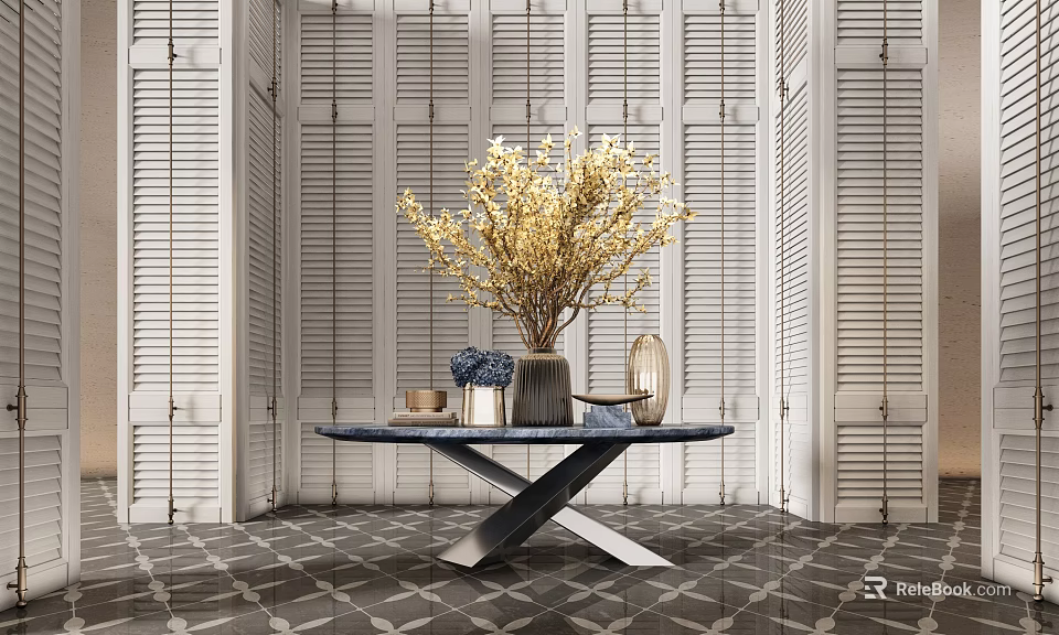 Flower Vase With Golden Blossoms And Decorative Items On Dark Table With White Louvered Walls 3d model 