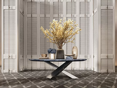 Flower Vase With Golden Blossoms And Decorative Items On Dark Table With White Louvered Walls 3d model