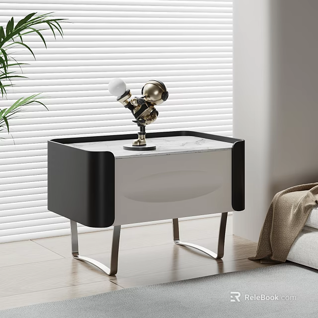 Modern Nightstand With Black White Design And Metal Legs Featuring Decorative Sculpture 3d model 