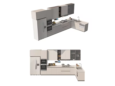 Modern Kitchen Design With White Gray Cabinets Island Sink And Appliances 3d model