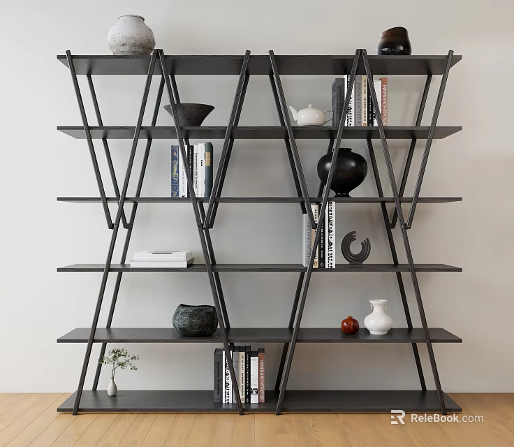 Modern Geometric Black Bookshelf With Multiple Shelves Holding Books And Decorative Vases 3d model 