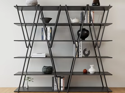 Modern Geometric Black Bookshelf With Multiple Shelves Holding Books And Decorative Vases 3d model