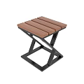 Modern Wooden Slat Stool With Black X Shaped Metal Frame Design