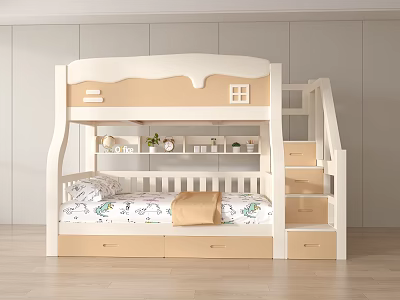 Kids Bunk Bed with White Beige Design Window Staircase and Storage Drawers 3d model