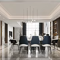 Modern Dining Room Interior With Pendant Lights Dining Table Chairs And Large Windows 3d model