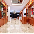 Liquor and Tobacco Store Interior with Wooden Counters Display Cabinets and Marble Flooring