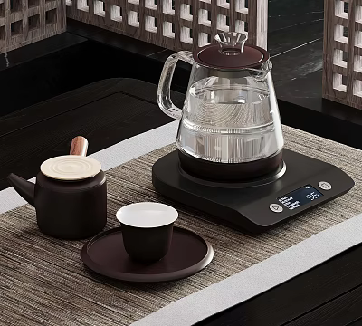Glass Teapot On Electric Scale With Brown Teapot Teacup And Woven Mat 3d model