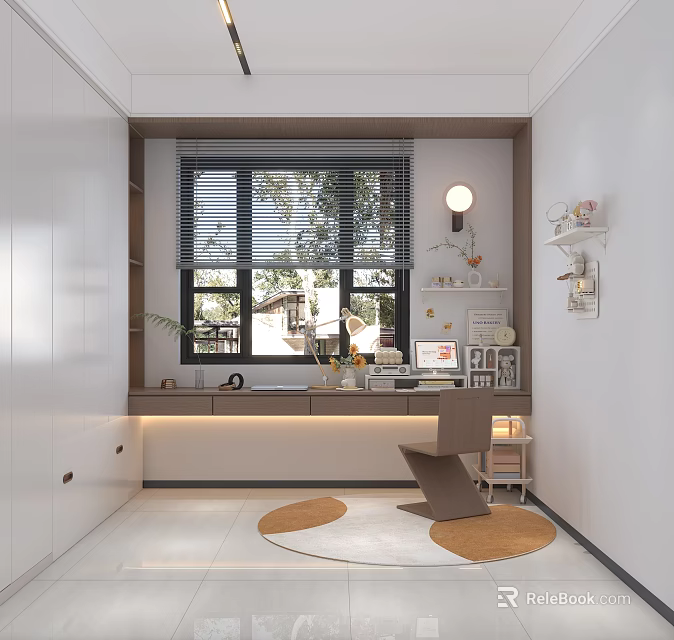 Modern Study Room Interior With Wooden Desk Bookshelf And Comfortable Chair 3d model 