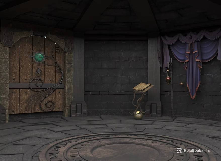Interior Room Featuring Wooden Carved Door Stone Walls Circular Stone Floor And Lamp Table 3d model 