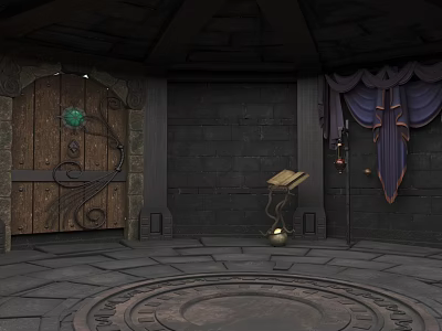 Interior Room Featuring Wooden Carved Door Stone Walls Circular Stone Floor And Lamp Table 3d model
