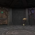 Interior Room Featuring Wooden Carved Door Stone Walls Circular Stone Floor And Lamp Table