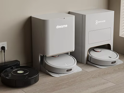 Modern Robotic Vacuum Cleaners With White Docking Stations And Black Unit On Wooden Floor 3d model
