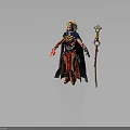 Fantasy Female Mage Character With Golden Hair Red Blue Armor Black Cape And Creature Themed Staff