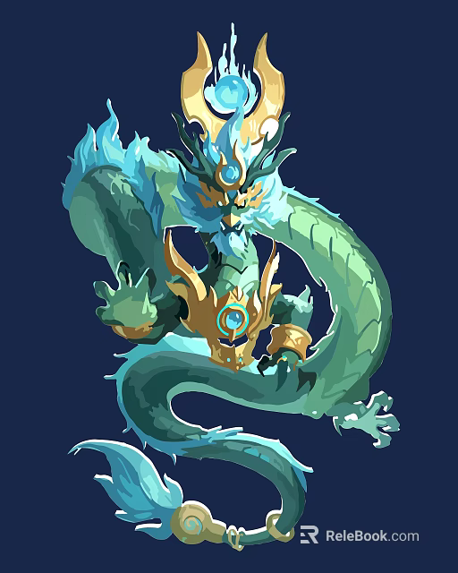 Intricate Dragon Carving With Blue Body Golden Accents And Gemstone On Dark Background 3d model 