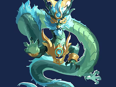 Intricate Dragon Carving With Blue Body Golden Accents And Gemstone On Dark Background 3d model