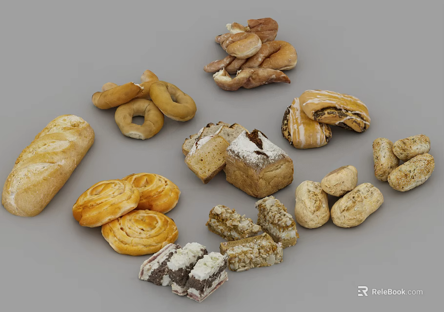 Various Types of Artisanal Bread Including Baguettes Croissants and Rolls on 3d model 