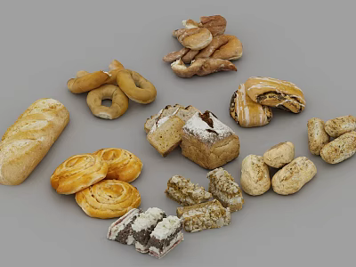 Various Types of Artisanal Bread Including Baguettes Croissants and Rolls on 3d model