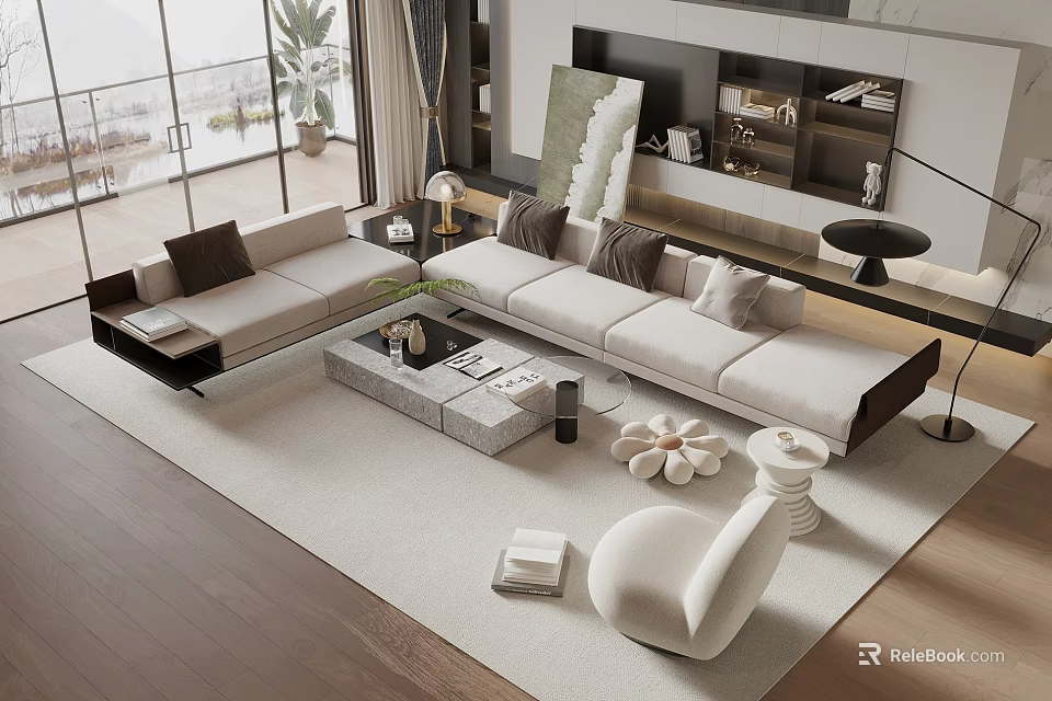 Modern Living Room Sofa And Coffee Table Set With Light Colored Upholstery And Decorative Items 3d model