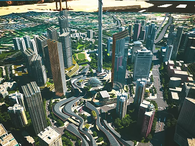 Aerial View Of Modern City With Skyscrapers Roads Green Areas And Parks 3d model