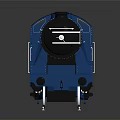 Detailed Blue Model Train on Straight Tracks with Gray Background