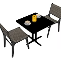 Modern Glass Top Tea Table With Woven Chairs And Tea Cups Setup 3d model