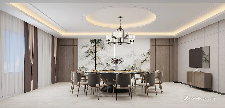 Private Dining Room Featuring Round Dining Table Chairs Chandelier And Landscape Painting Backdrop 3d model 