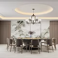 Private Dining Room Featuring Round Dining Table Chairs Chandelier And Landscape Painting Backdrop