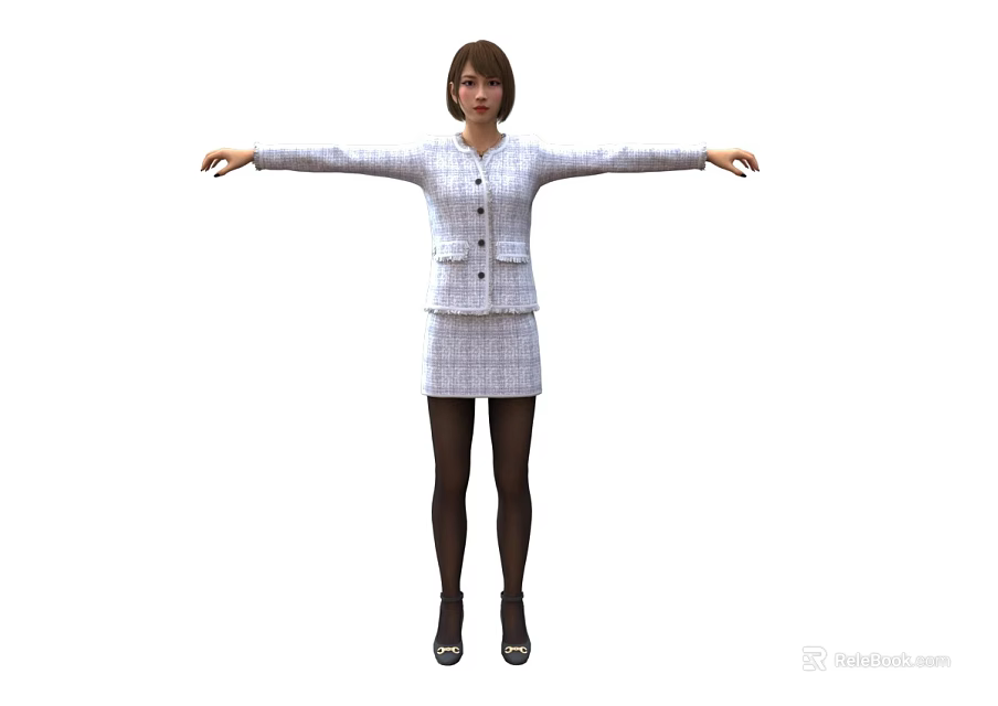 Woman in White Coat and Skirt with Black Stockings and Shoes Arms Outstretched 3d model 