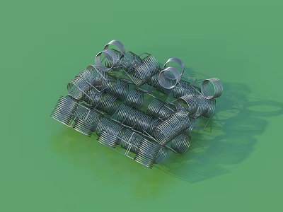 Pile Of Stacked Shiny Metal Coil Springs On Green Background 3d model