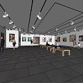 Modern Exhibition Hall With Art Paintings On Walls Skylight Visitors And Benches