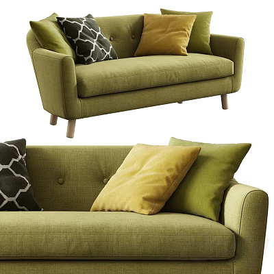 Green Multi Seat Sofa With Yellow Green Pillows Geometric Pattern And Wooden Legs Upholstered Fabric 3d model