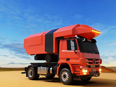 Red Modern Truck With Roof Lights Driving On Desert Landscape Under Blue Sky 3d model