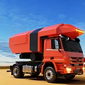 Red Modern Truck With Roof Lights Driving On Desert Landscape Under Blue Sky