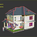Two Story White House Model With Blue Roof Red Windows And Small Garden