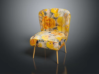 Yellow Floral Pattern Accent Chair With Upholstered Design And Gold Metal Legs 3d model