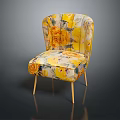 Yellow Floral Pattern Accent Chair With Upholstered Design And Gold Metal Legs