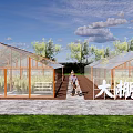 Garden Landscape Featuring Glass Greenhouse Structures Pathway Lush Plants And Trees