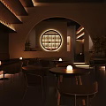Modern Bar Interior With Arched Design Warm Lighting Wine Racks And Round Tables