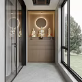 Modern Wooden Entry Side Cabinet With Warm Ambient Lighting For Buddha Statue Storage And