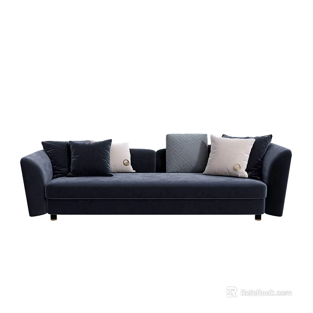 Navy Blue Spacious Sofa With Soft Velvet Fabric And Mixed Color Cushions 3d model 