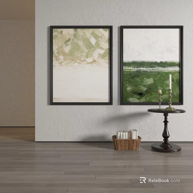 Two Framed Green Beige Paintings Wall Decor With Wooden Side Table Candle And Wicker Basket 3d model 