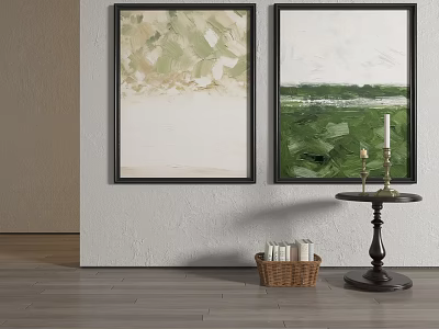 Two Framed Green Beige Paintings Wall Decor With Wooden Side Table Candle And Wicker Basket 3d model