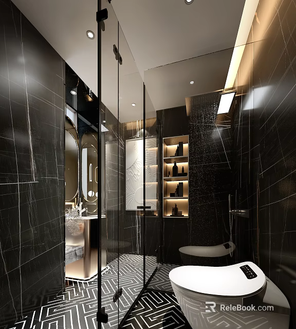 Modern Bathroom Interior Design With Black Marble Walls Shower Enclosure And Bathtub 3d model 