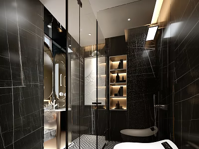 Modern Bathroom Interior Design With Black Marble Walls Shower Enclosure And Bathtub 3d model