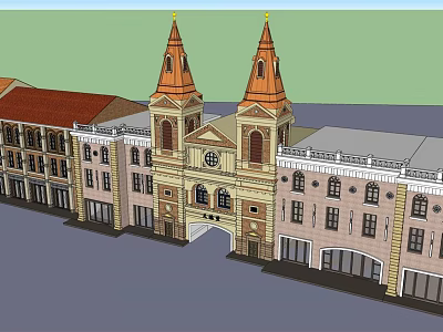 Hotel Building with Twin Orange Spires Classical Style Arched Entrance Adjacent Red Roof Buildings 3d model